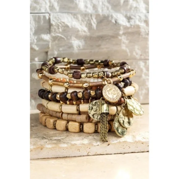 SOLD OUT Boho Brown Wood Gold Bead Charm Stackable Multi Layer Stretch Bracelet - Picture 3 of 3